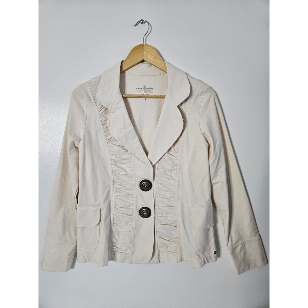 Neon Buddha Cream Cotton Ruffled Button Front Blazer Jacket Small EUC‎ Lagenlook